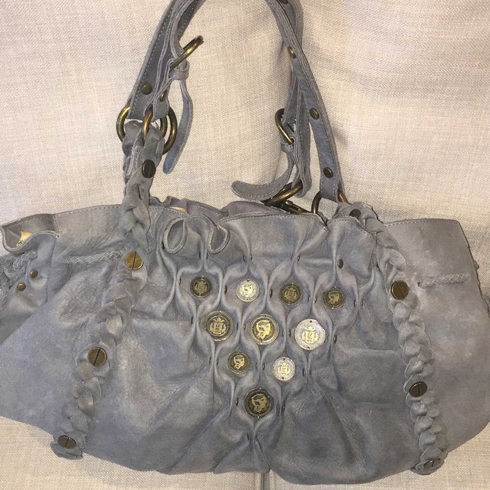 Gray suede shoulder bag.
